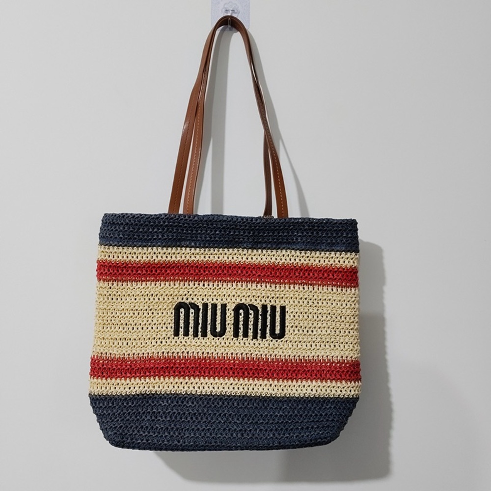 Miu Miu Navy and Beige Striped Tote